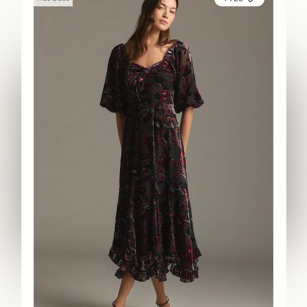 HUTCH PRINTED TWIST-FRONT PUFF-SLEEVE RUFFLE-HEM MIDI DRESS XL
